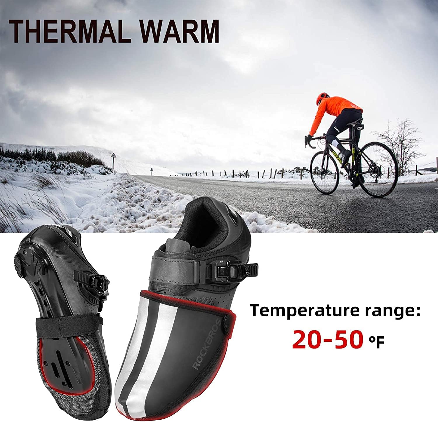 ROCKBROS Copriscarpe Ciclismo Invernale Caldo, Copripunta Antivento Termici Impermeabili per Bici MTB, Strisce Riflettenti, Anti-Fango, Universale Uomo Donna, 3 Taglie S 39-40 M 41-43 L 44-46 - immagine 3