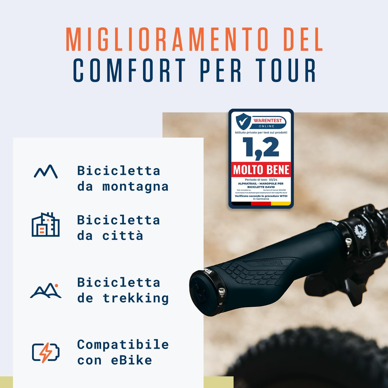 Alphatrail Manopole Bici Ergonomica David I Forte fissaggio delle impugnature al manubrio Ø 22mm I Resistenti e mescola gomma ecologica - immagine 2