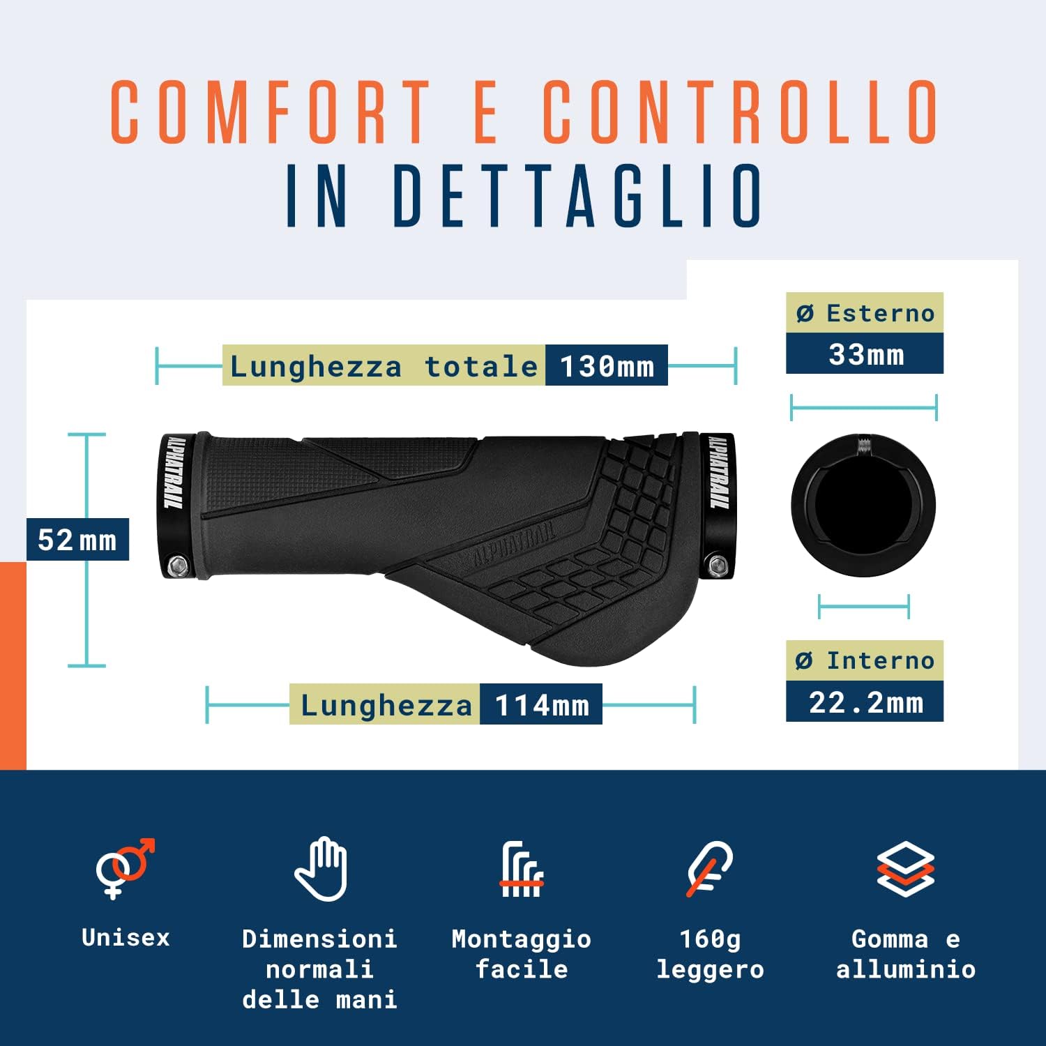 Alphatrail Manopole Bici Ergonomica David I Forte fissaggio delle impugnature al manubrio Ø 22mm I Resistenti e mescola gomma ecologica - immagine 5