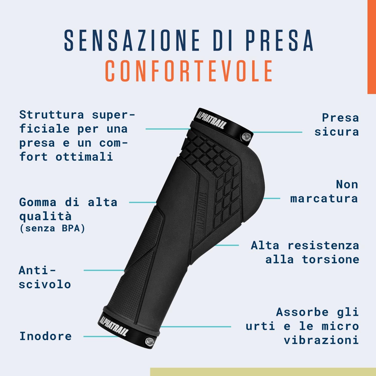 Alphatrail Manopole Bici Ergonomica David I Forte fissaggio delle impugnature al manubrio Ø 22mm I Resistenti e mescola gomma ecologica - immagine 4