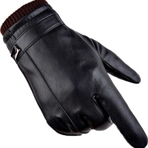 Global Park Inverno Guanti Uomo PU Pelle Touchscreen Caldo Vello Antivento Prova Freddo Termico Mittens Anti Scivolo per Attività All'aperto Ciclismo a Motore Caccia Campeggio Correre