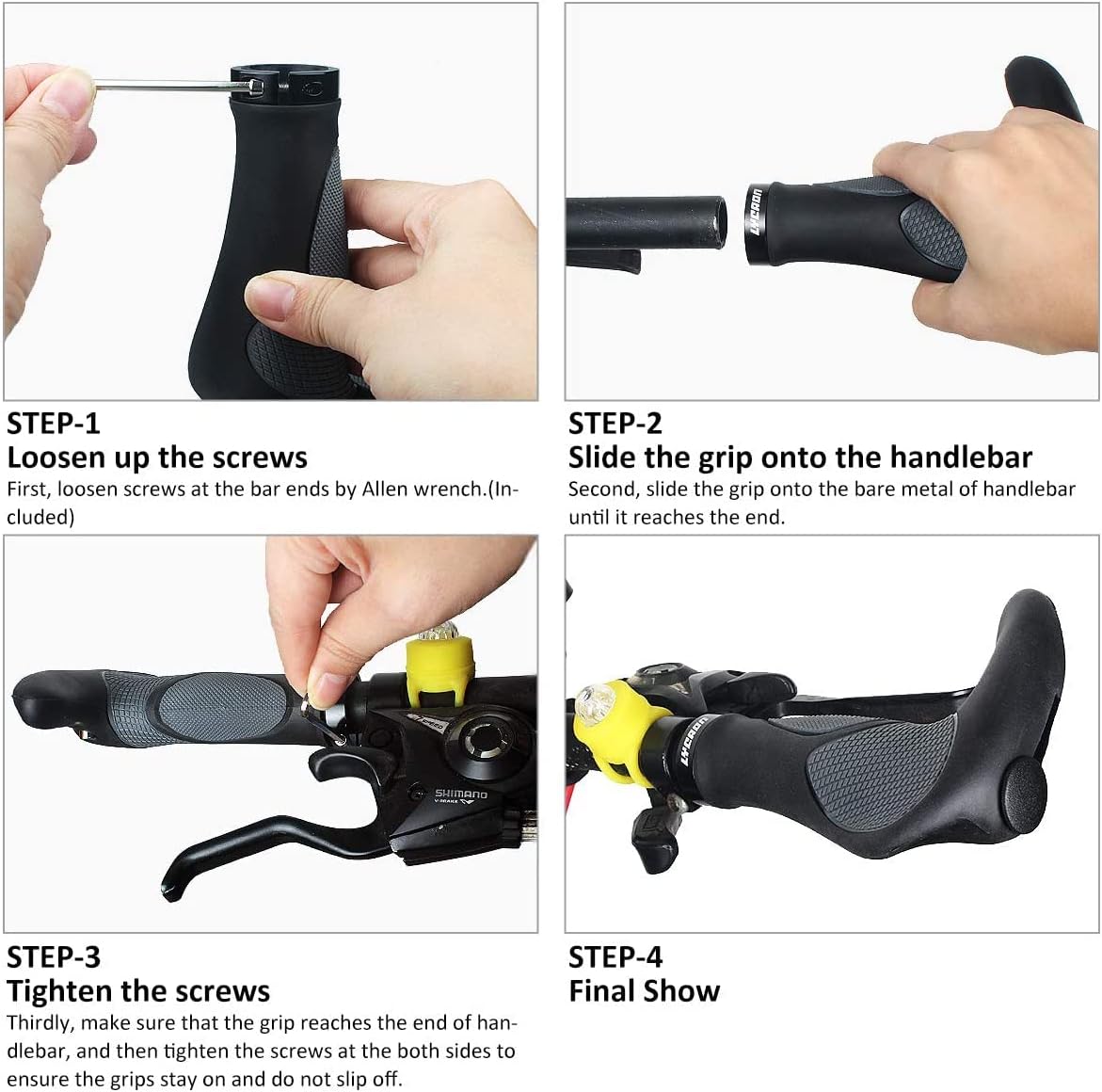 LYCAON Biciclette Impugnature (Color-Blocking) Anti-Slip Bikes Bici Manubrio Impugnature per manubri MTB/BMX/Mountain/Downhill/Foldable/Urban Bicycles/Scooter (Nero, Ergonomiche) - immagine 5