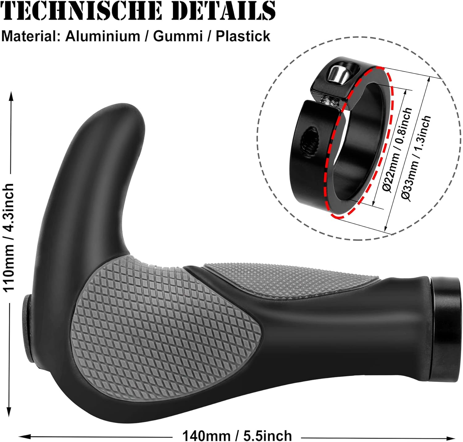 Impugnature per Biciclette, Manubrio Bici Antiscivolo, Manopole MTB Ergonomiche 22.2mm in Gomma, Doppio Serratura in Alluminio Universale per Bici da Strada, Mountain Bike, MTB, BMX, Scooter - immagine 5